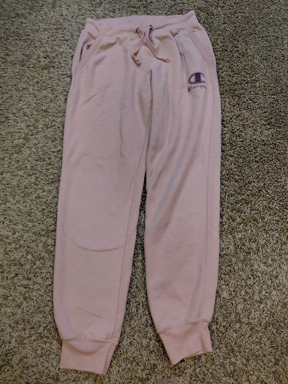 Champion Women's Light Pink Joggers with Purple Logo